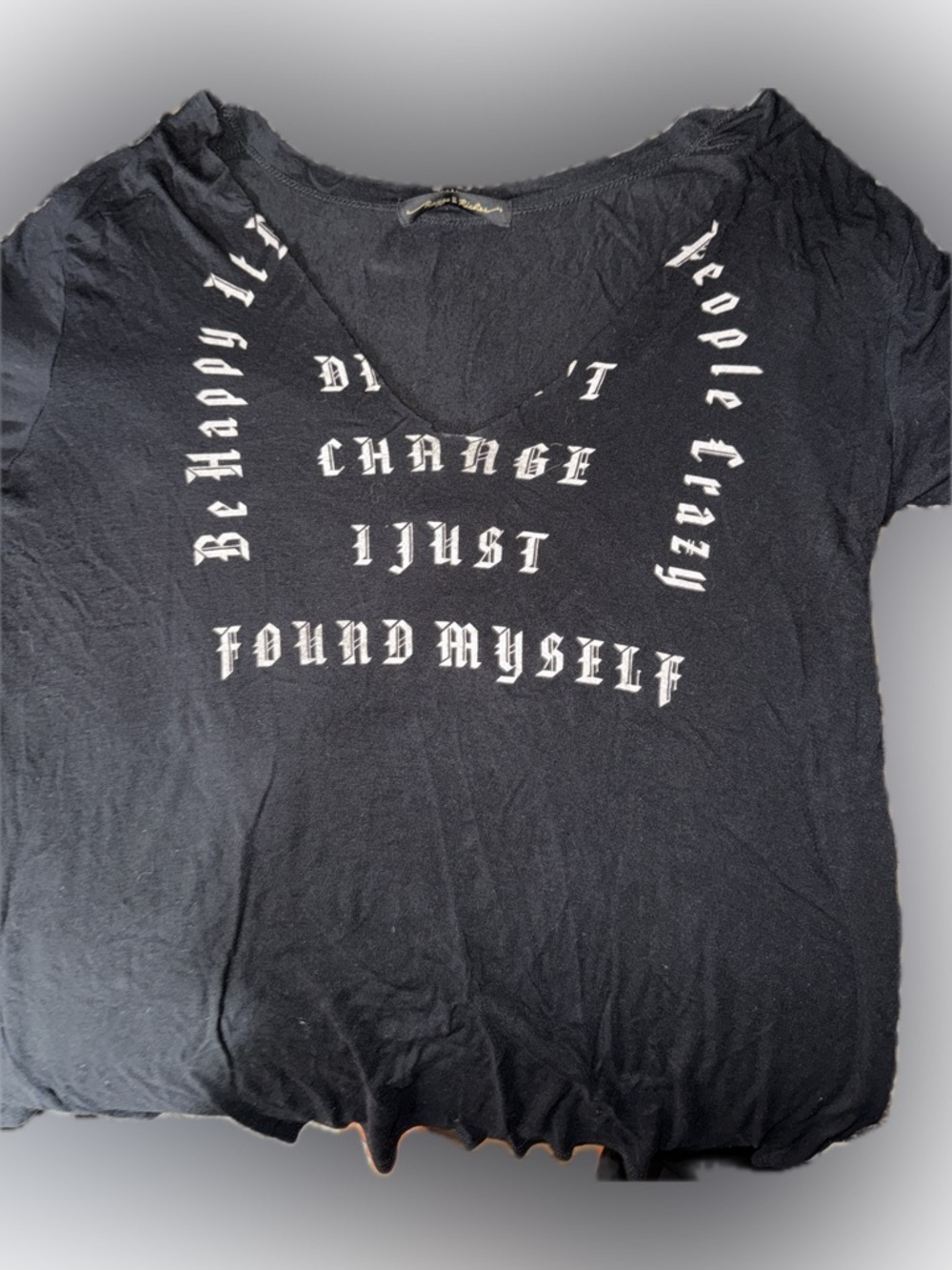 Black V-Neck Graphic Tee with Gothic Script
